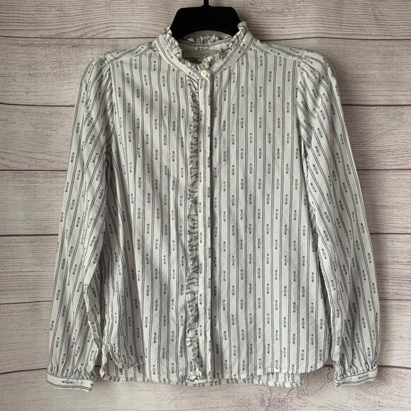 LOFT Petites White Striped Pink and Country Blue Blouse Button Up Size SP - Picture 1 of 16
